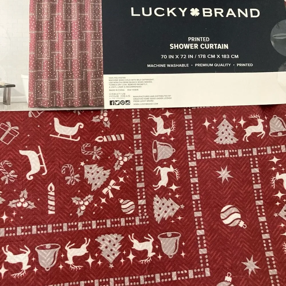 Lucky Brand Red Reindeer Print Christmas Fabric Shower Curtain